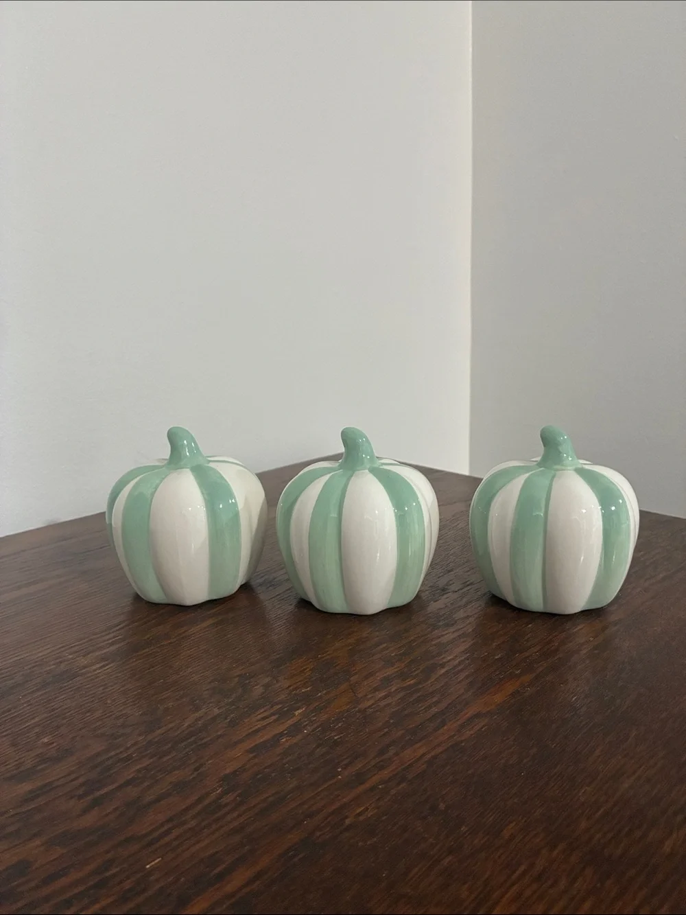 NWT- Set of 3- White & Mint Green Stripe Ceramic Pumpkins
